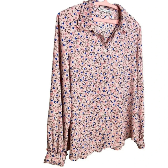 ZARA Pink Blue Floral Button Front Long Sleeve Ruffle Detail Blouse  Sz. XL - Picture 3 of 13